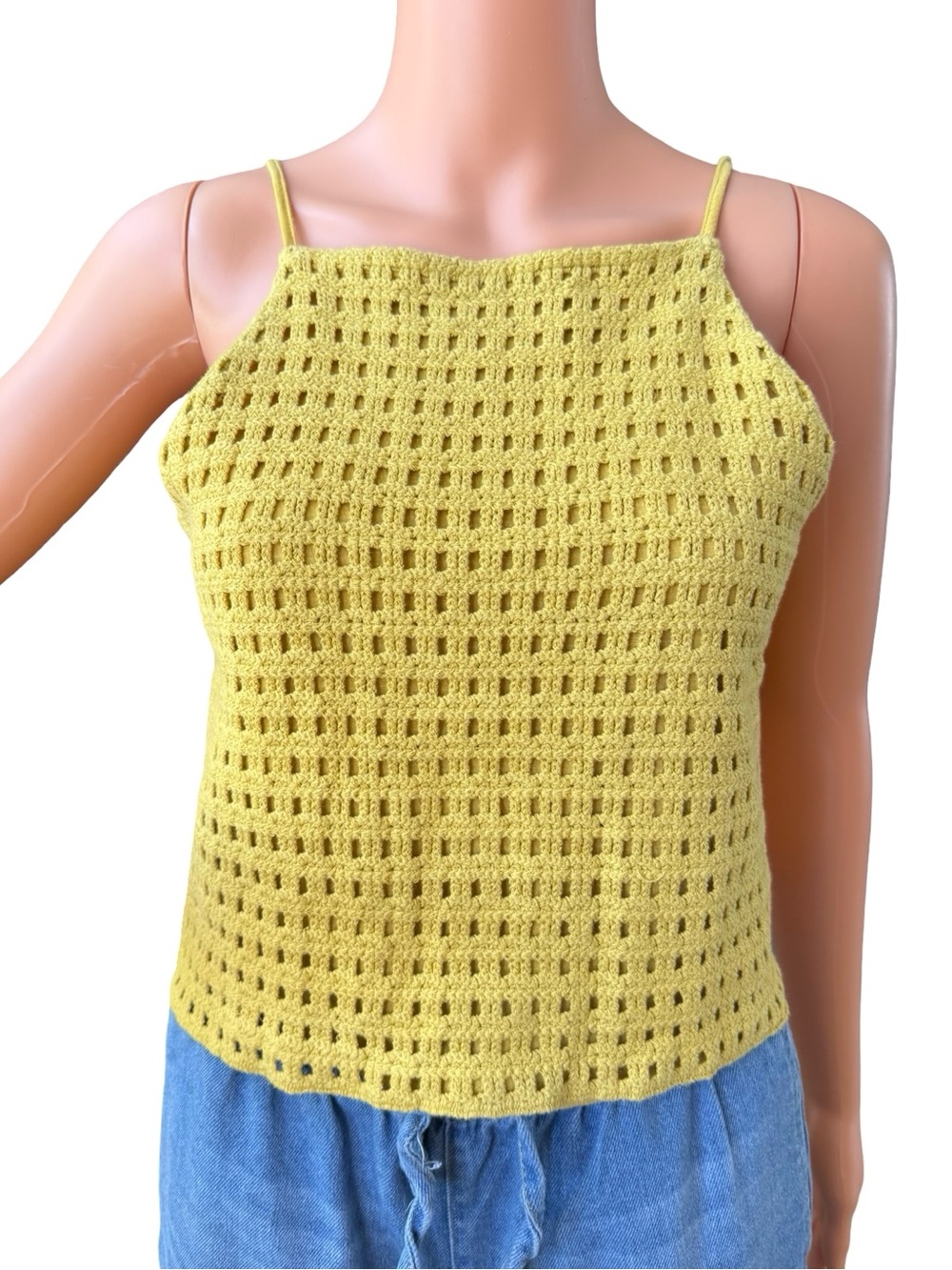 love on a hanger Lemon-Yellow Open Crochet Spaghetti Strap Cami